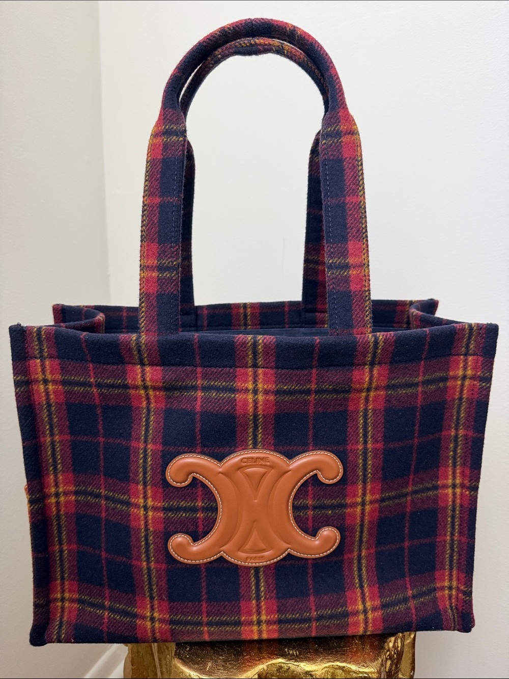 Celine Navy Plaid Large Tote Bag